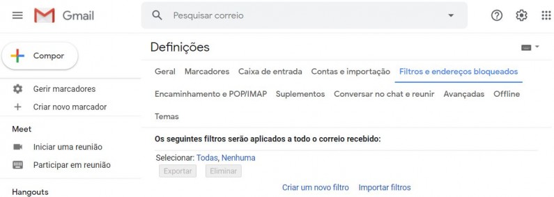 Exemplo - adicionar filtro Gmail