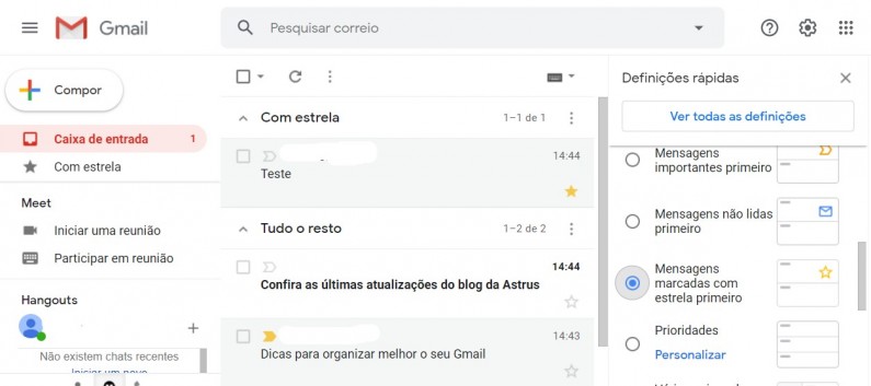 Exemplo caixa de entrada com estrela primeiro - Gmail